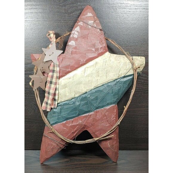 Rustic Vintage Wooden Star Wall Decor With Metal Stars & Plaid Ribbon Patriotic - Picture 2 of 10